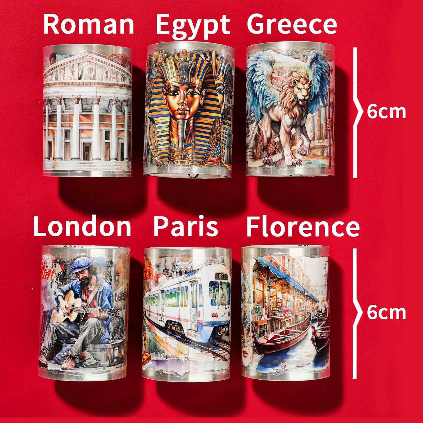 Cratey 6-Roll Pre-Cut Travel Diary Wide PET Washi Tape Set - Transparent Scrapbooking supplies, Journaling, and Crafting - Decorative Stickers, Planner Arts, and Collage Cratey