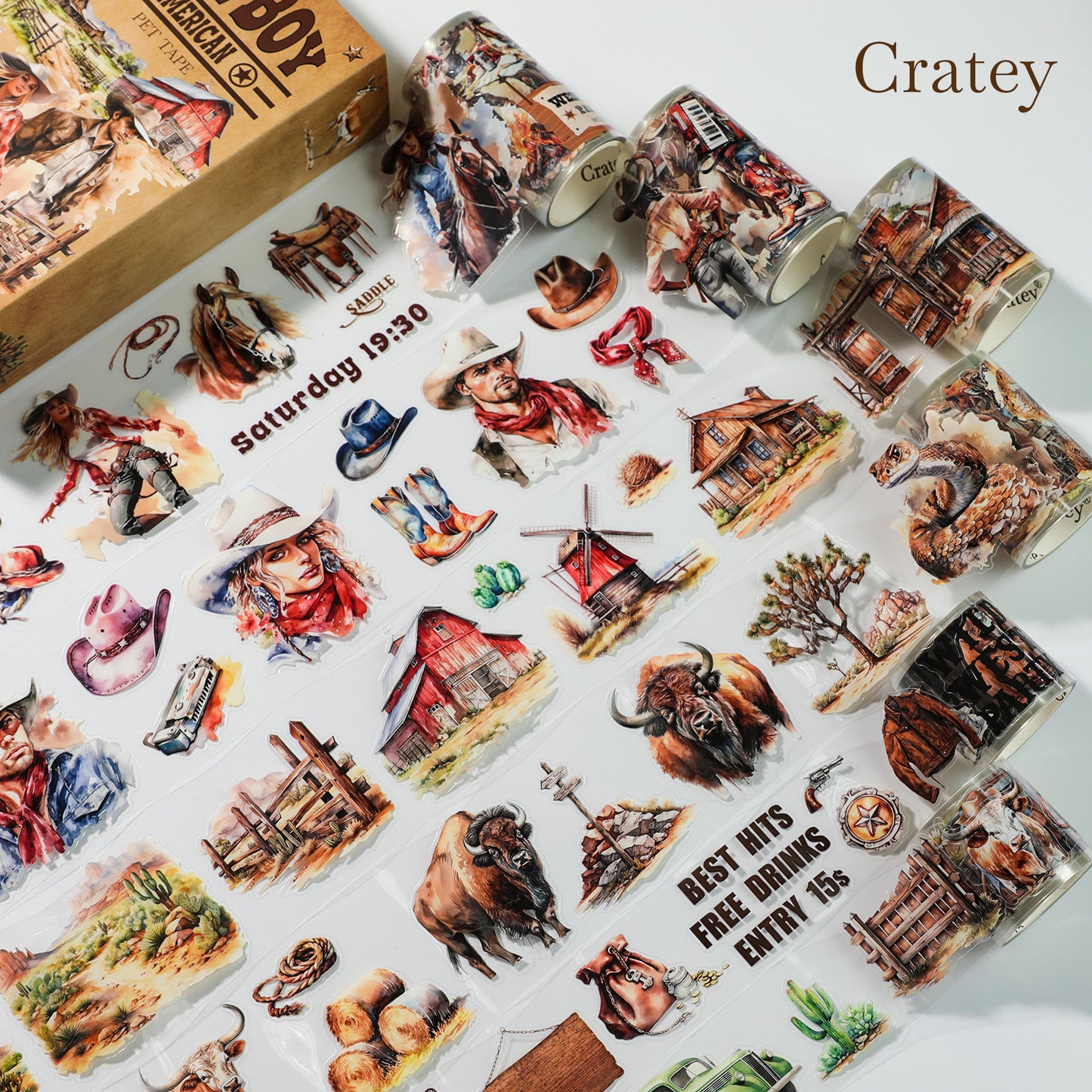 Cratey Pre-Cut PET Washi Tape - 6 Rolls, 460 Retro Western Cowboy Designs for Journaling, Scrapbooking Stickers, and DIY Crafts (Transparent, Easy-to-Tear, Durable PET Material)