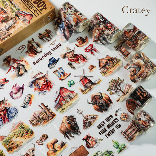 Cratey Pre-Cut PET Washi Tape - 6 Rolls, 460 Retro Western Cowboy Designs for Journaling, Scrapbooking Stickers, and DIY Crafts (Transparent, Easy-to-Tear, Durable PET Material)