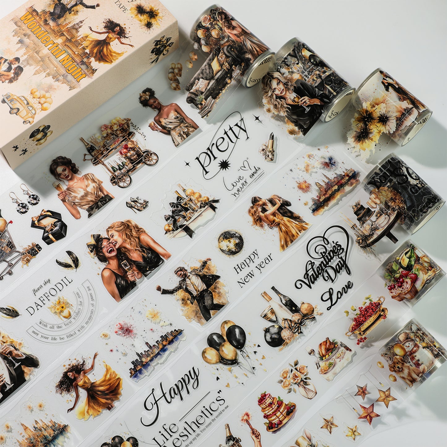 Cratey Retro Party PET Stickers washi Tape 6 Rolls, 453 pre-Cut Stickers for Scrapbooking, journaling, Card Making, Balloons, Cakes, Gentleman, Lady Patterns