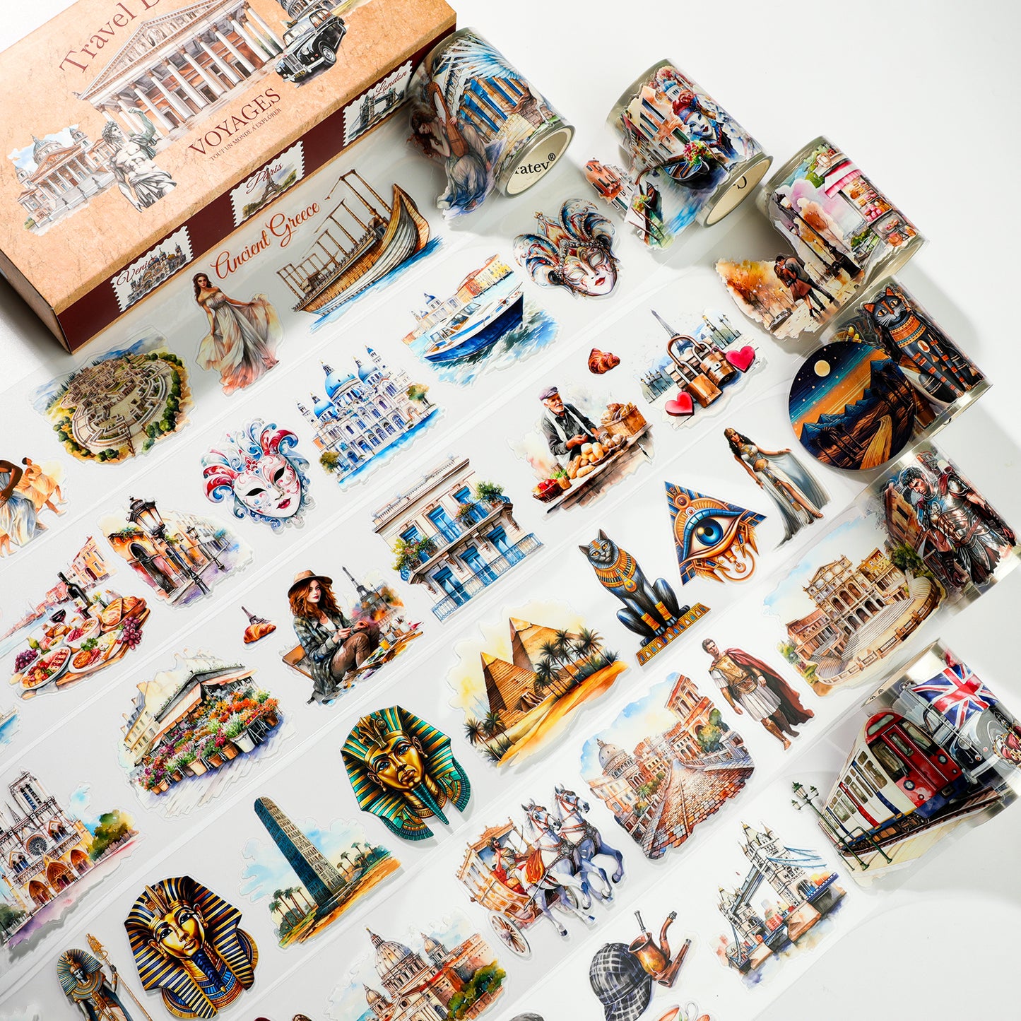 Cratey 6-Roll Pre-Cut Travel Diary Wide PET Washi Tape Set - Transparent Scrapbooking supplies, Journaling, and Crafting - Decorative Stickers, Planner Arts, and Collage