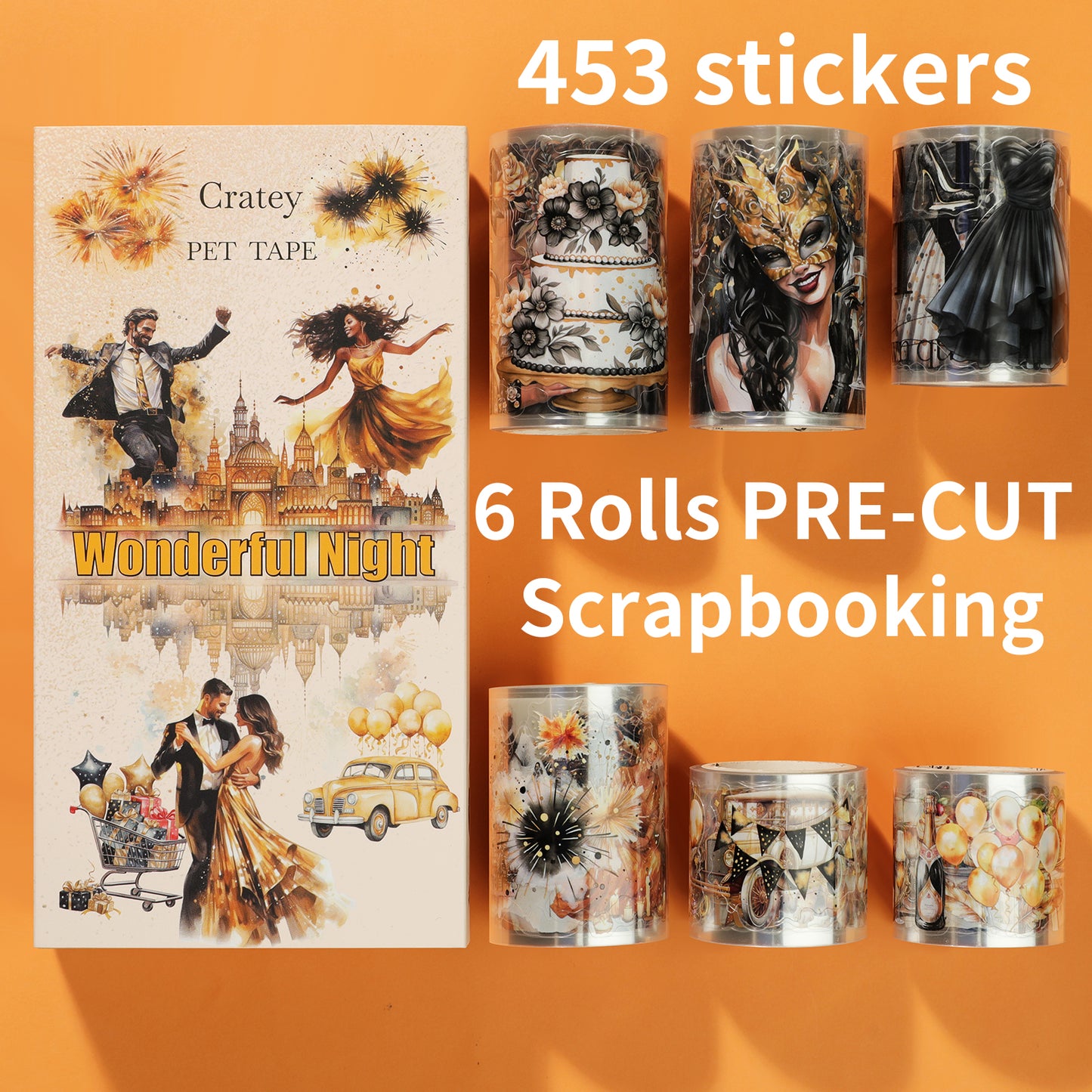 Cratey Retro Party PET Stickers washi Tape 6 Rolls, 453 pre-Cut Stickers for Scrapbooking, journaling, Card Making, Balloons, Cakes, Gentleman, Lady Patterns