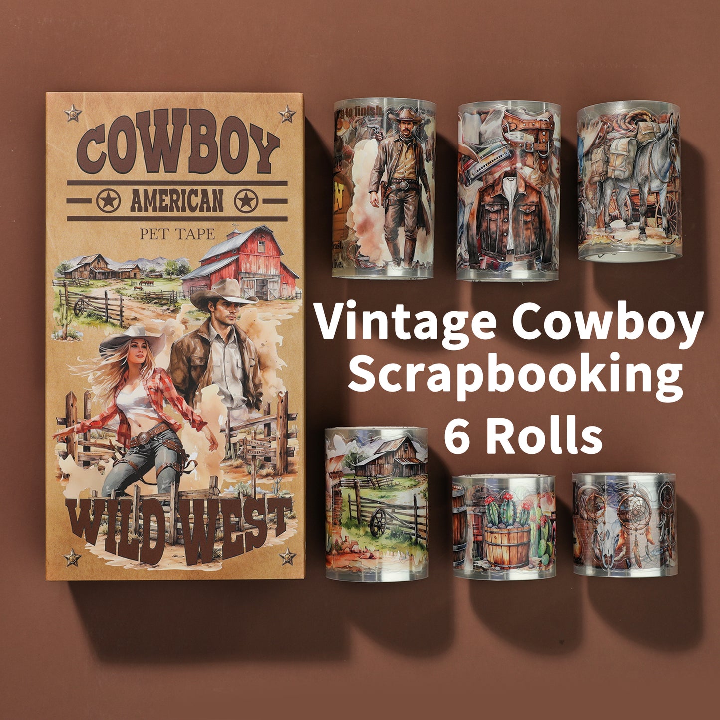 Cratey Pre-Cut PET Washi Tape - 6 Rolls, 460 Retro Western Cowboy Designs for Journaling, Scrapbooking Stickers, and DIY Crafts (Transparent, Easy-to-Tear, Durable PET Material)