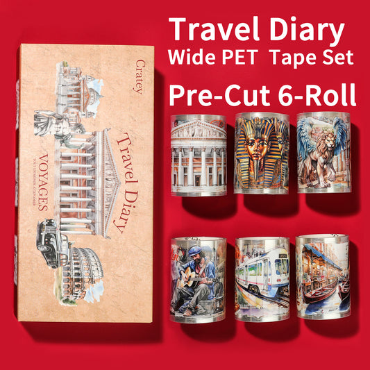 Cratey 6-Roll Pre-Cut Travel Diary Wide PET Washi Tape Set - Transparent Scrapbooking supplies, Journaling, and Crafting - Decorative Stickers, Planner Arts, and Collage