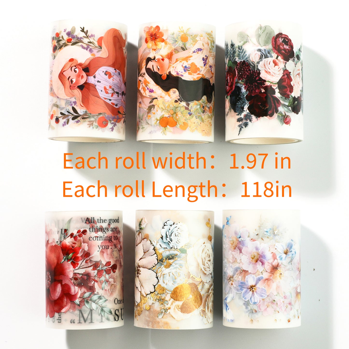 Cratey Floral PET Washi Tape Set - 6 Roll Wide PET Tape for Scrapbook supplies,Character Decorative Girls Sticker,flower stickers, Bullet Journals Materials,Planner Arts Craft Collage