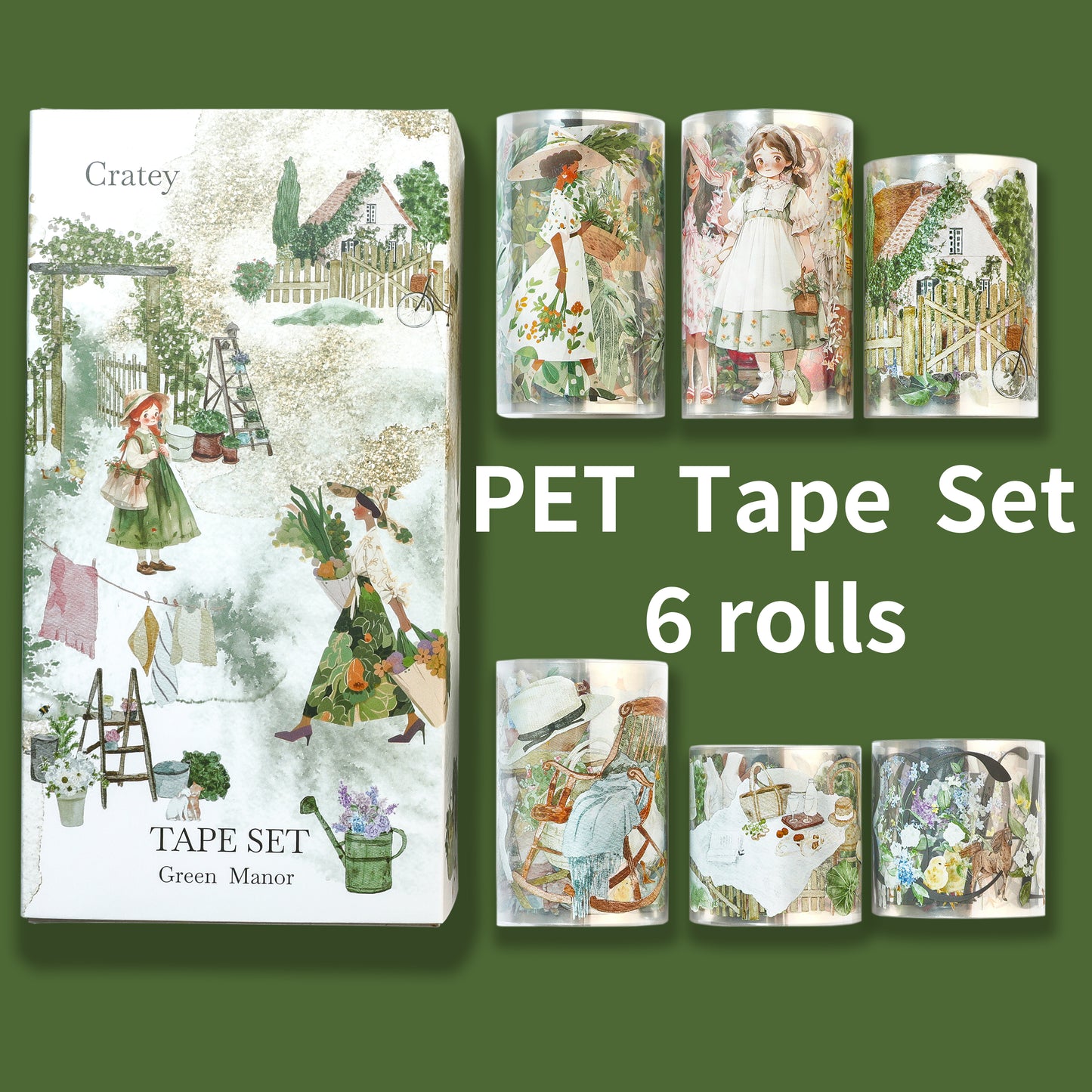 Cratey Idyllic PET Washi Tape Set -- 6 Roll Wide PET Tape for Scrapbook Supplies,Character Decorative Girls Sticker,Aquarelle Stickers, Bullet Journals Materials,Planner Arts Craft Collage