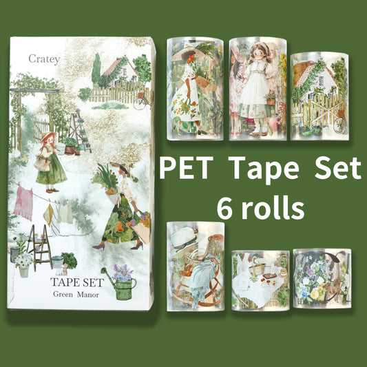 Cratey Idyllic PET Washi Tape Set -- 6 Roll Wide PET Tape for Scrapbook Supplies,Character Decorative Girls Sticker,Aquarelle Stickers, Bullet Journals Materials,Planner Arts Craft Collage