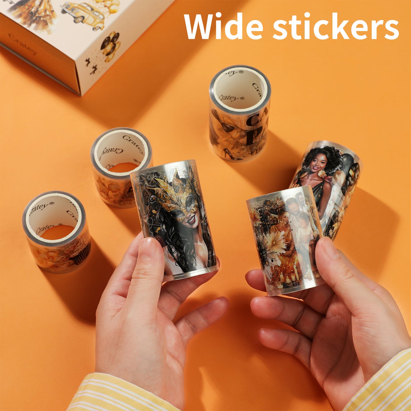 Cratey Retro Party PET Stickers washi Tape 6 Rolls, 453 pre-Cut Stickers for Scrapbooking, journaling, Card Making, Balloons, Cakes, Gentleman, Lady Patterns