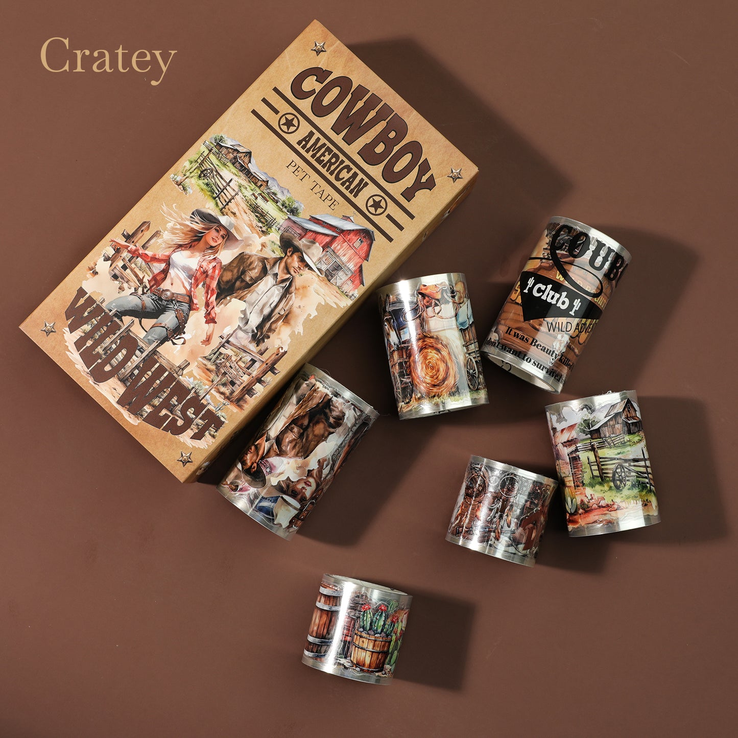 Cratey Pre-Cut PET Washi Tape - 6 Rolls, 460 Retro Western Cowboy Designs for Journaling, Scrapbooking Stickers, and DIY Crafts (Transparent, Easy-to-Tear, Durable PET Material)