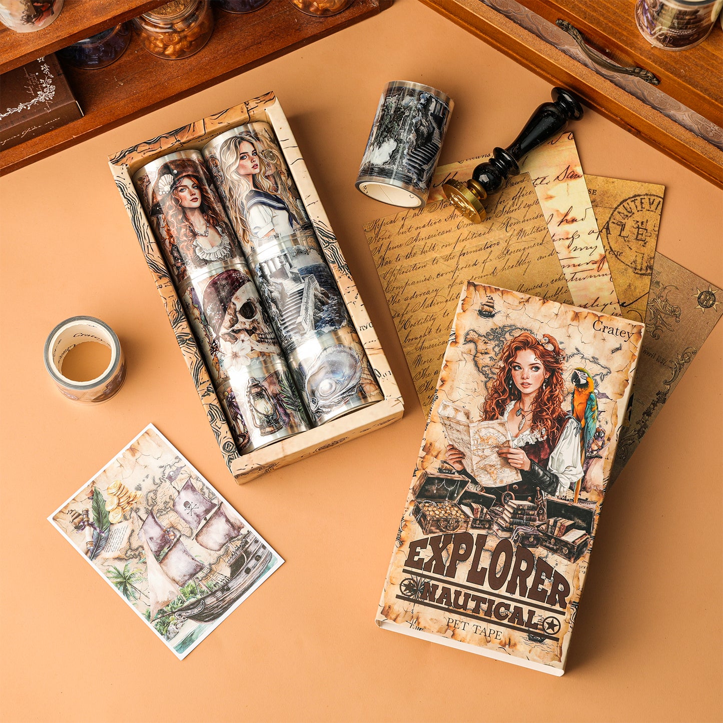 Cratey 6 Roll Pet Tape Set Nautical Explorer Themed Scrapbook Stickers Decorative Washi Tape for Journaling