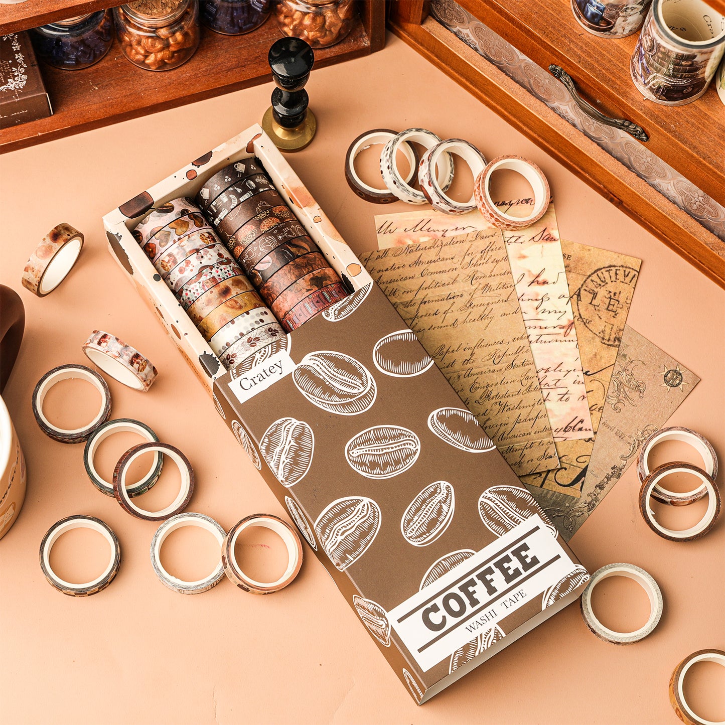 Cratey 32 Rolls Washi Tape Set,Vintage Coffee Themed Decorative Tape Retro Brown Watercolor Cafe Masking Tape for Journaling Supplies,Junk Journal, Scrapbooking,Planner,DIY Arts & Crafts Supplies