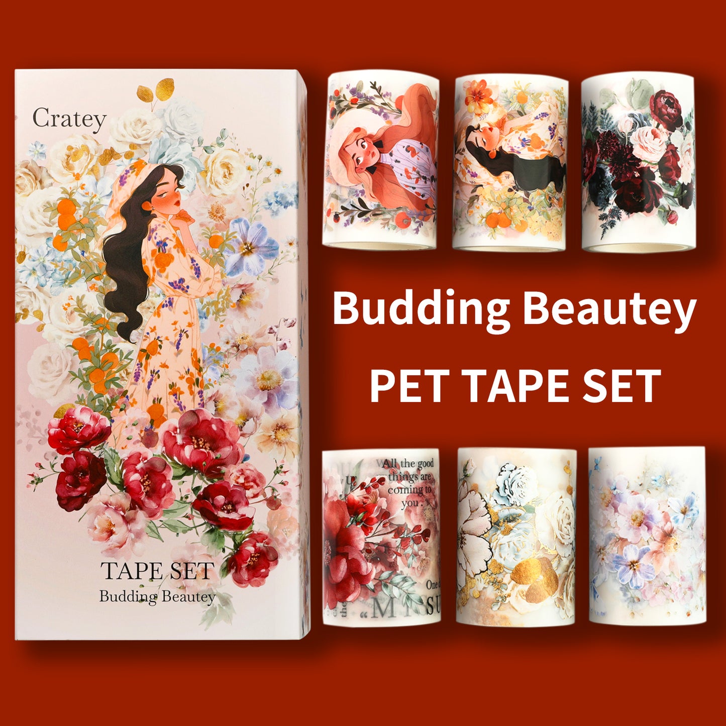 Cratey Floral PET Washi Tape Set - 6 Roll Wide PET Tape for Scrapbook supplies,Character Decorative Girls Sticker,flower stickers, Bullet Journals Materials,Planner Arts Craft Collage