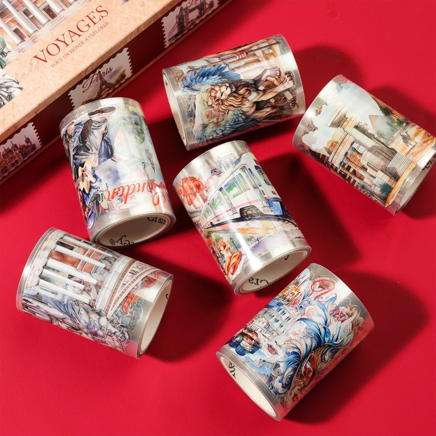 Cratey 6-Roll Pre-Cut Travel Diary Wide PET Washi Tape Set - Transparent Scrapbooking supplies, Journaling, and Crafting - Decorative Stickers, Planner Arts, and Collage