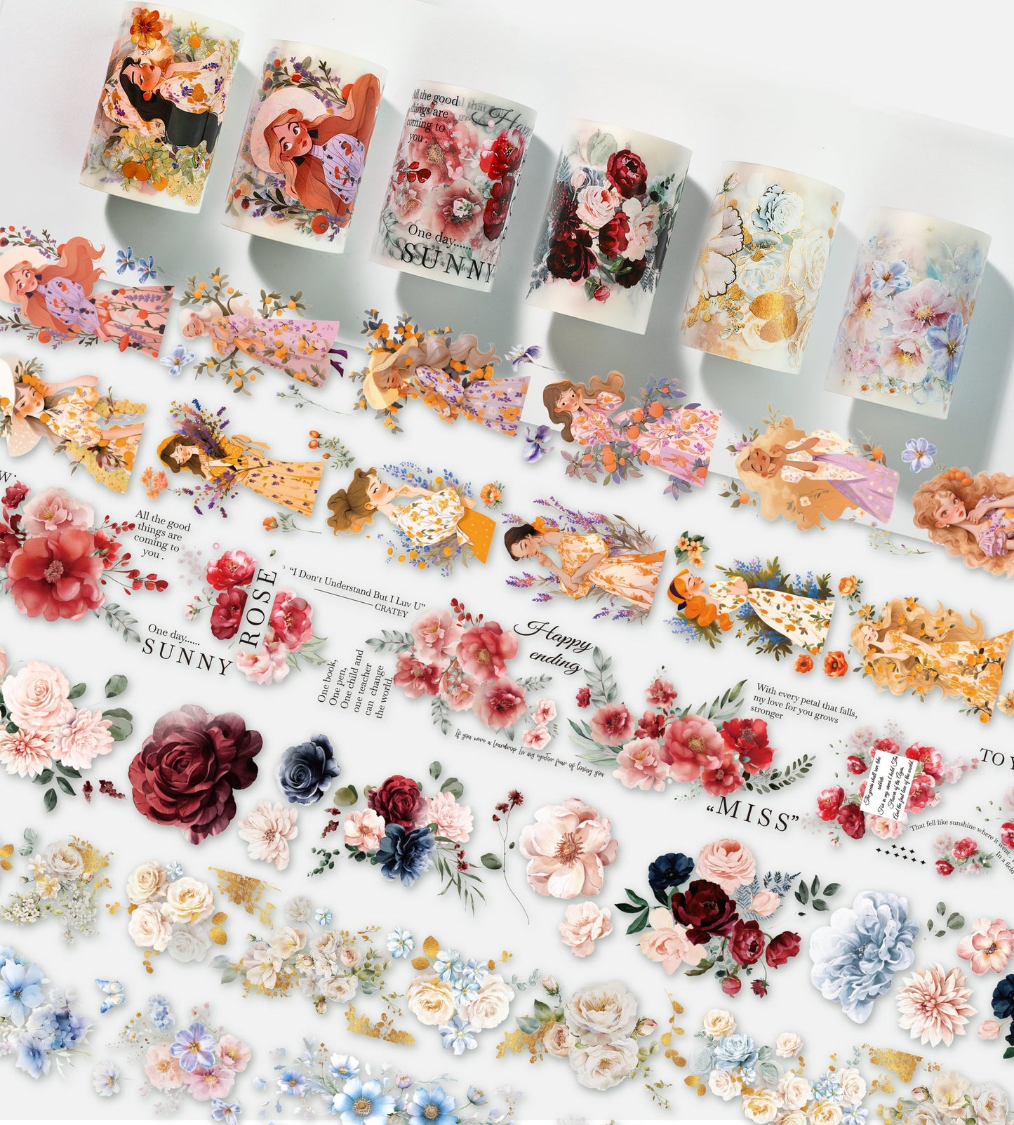 Cratey Floral PET Washi Tape Set - 6 Roll Wide PET Tape for Scrapbook supplies,Character Decorative Girls Sticker,flower stickers, Bullet Journals Materials,Planner Arts Craft Collage Cratey