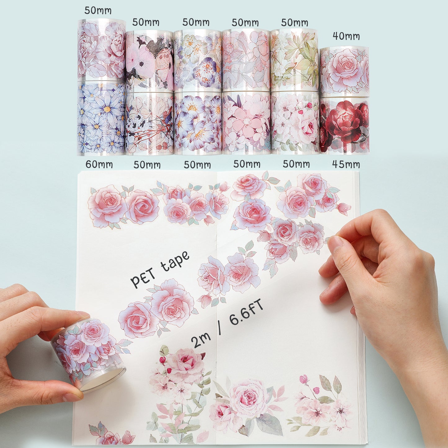 Cratey Floral Washi Tape Set - 12 PET & Washi Tapes for Journaling Stickers, Scrapbooking Supplies, Planner, Bullet Journals,Arts & Crafts. Use as Stickers