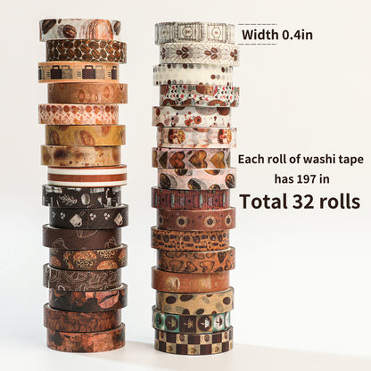 Cratey 32 Rolls Washi Tape Set,Vintage Coffee Themed Decorative Tape Retro Brown Watercolor Cafe Masking Tape for Journaling Supplies,Junk Journal, Scrapbooking,Planner,DIY Arts & Crafts Supplies